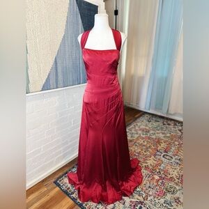 BCBG MaxAzria Red Full Length Gown with Halter Neck and Side Rouched Details